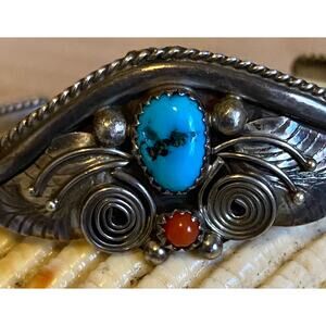 Vintage Sterling Signed Native American Turquoise Coral Bangle signed Hannaweeke